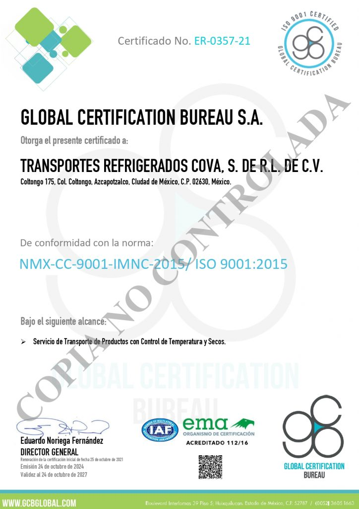 Vista previa del certificado ISO 9001:2015